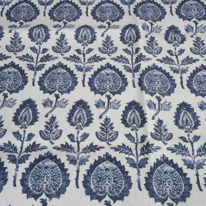100% LINEN Fabric block print indigo blue on white - floral print heavy linen fabric for upholstery home decor sewing 2009