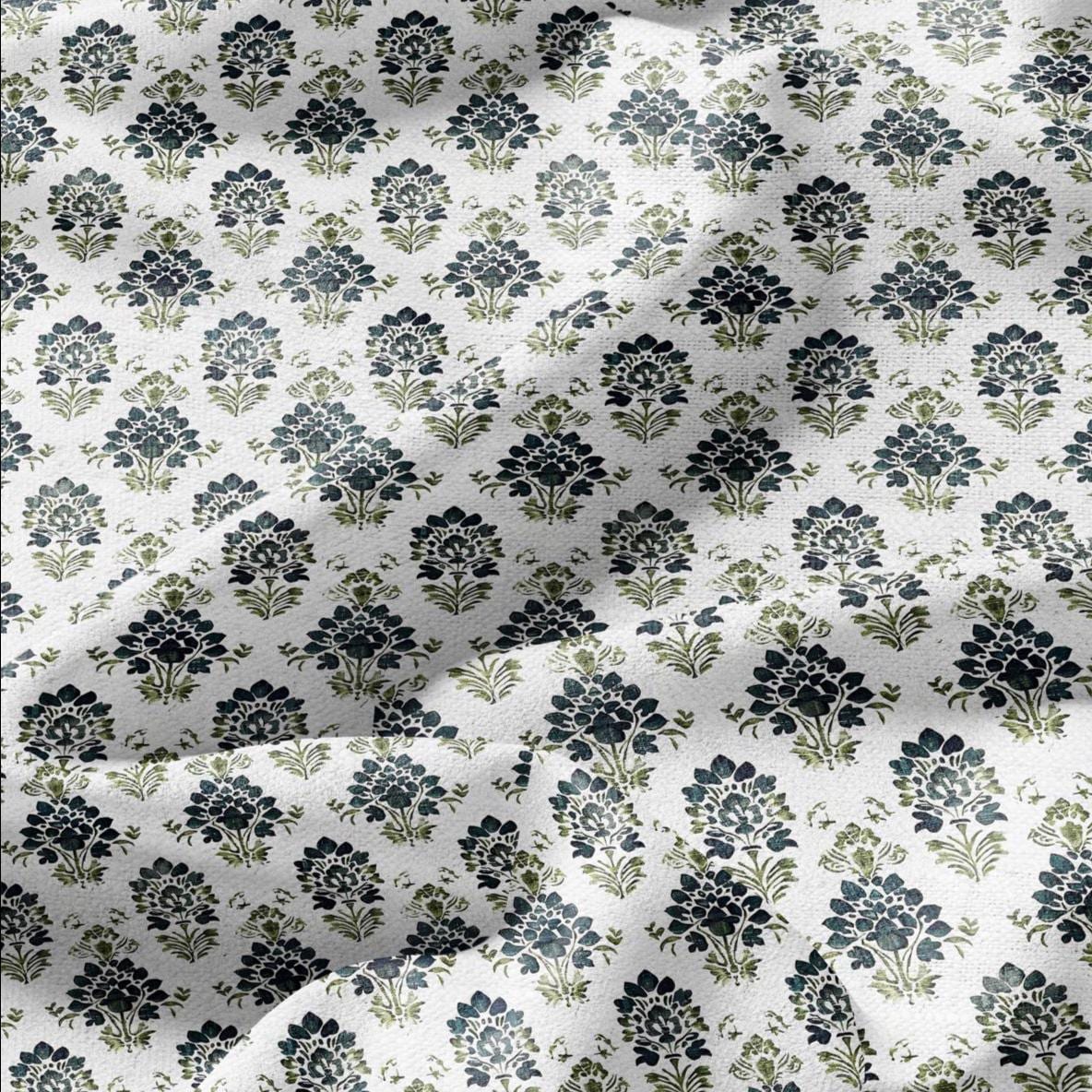 100% LINEN Fabric block print green petrol on white - floral print heavy linen fabric for upholstery home decor 2010