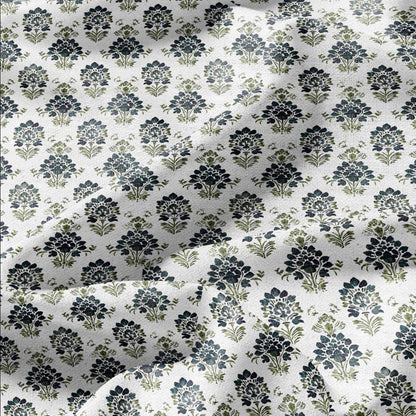 100% LINEN Fabric block print green petrol on white - floral print heavy linen fabric for upholstery home decor 2010