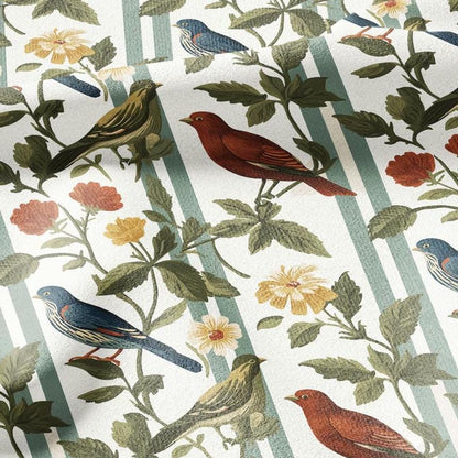 100% LINEN Fabric Birds on fence print - botanical stripe upholstery home textile artisan fabrics red blue green white 2745