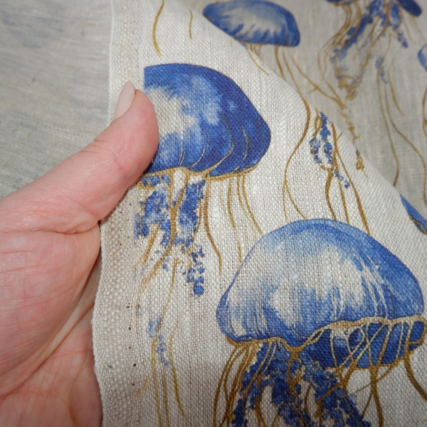100% LINEN Fabric jellyfish Nautical print - oatmeal linen fabric with blue grey coastal print for upholstery home decor dressmaking