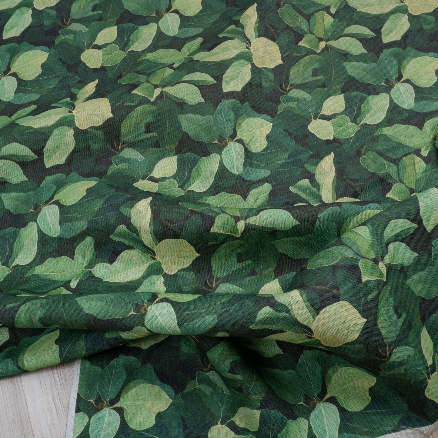 100% LINEN  green fig leaves print on flax fabric - linen fabric with greenery print for upholstery home decor clothing dressmaking