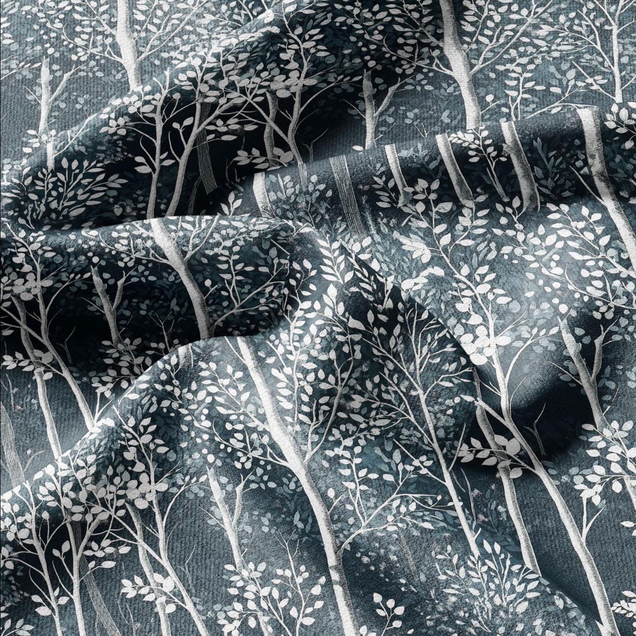 100% LINEN Fabric forest blue linen - tree print fabric for upholstery home decor dress making 2362