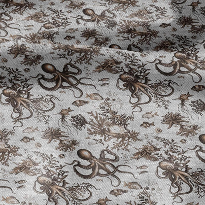 100% LINEN Fabric toile de jouy OCTOPUS Nautical print - sepia on oatmeal linen -  coastal print for upholstery home decor clothing 306S