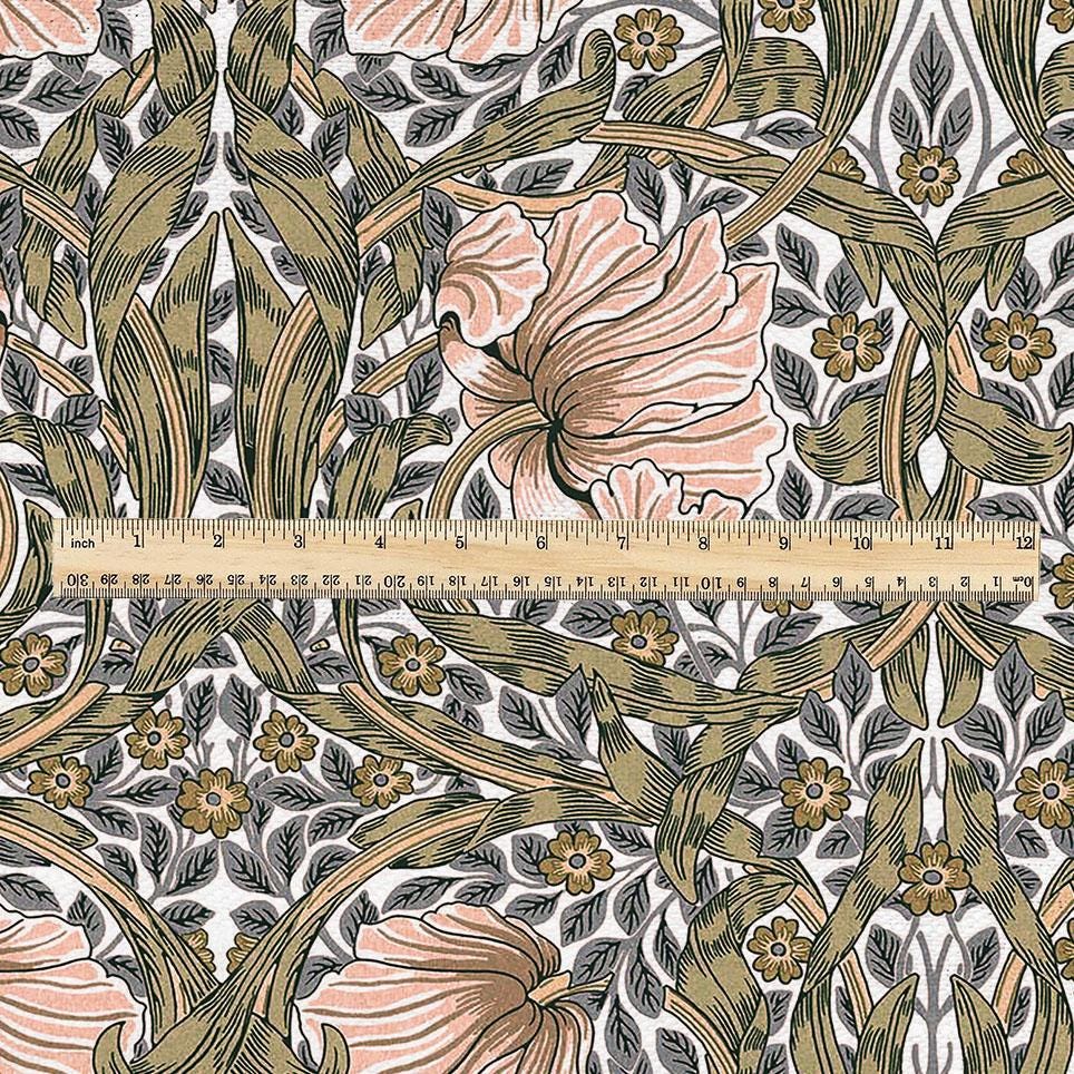 100% LINEN fabric - William Morris Pimpernel khaki pink - British Victorian Art Craft flax - sewing upholstery home decor or clothing 3814
