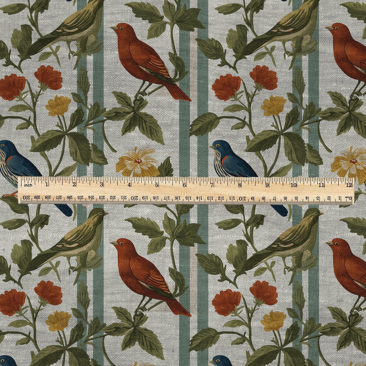 100% LINEN Fabric print Birds print - floral botanical Mid-century  print - heavy for home decor clothing 2745