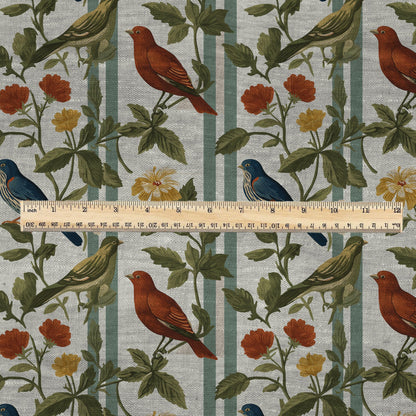 100% LINEN Fabric print Birds print - floral botanical Mid-century  print - heavy for home decor clothing 2745