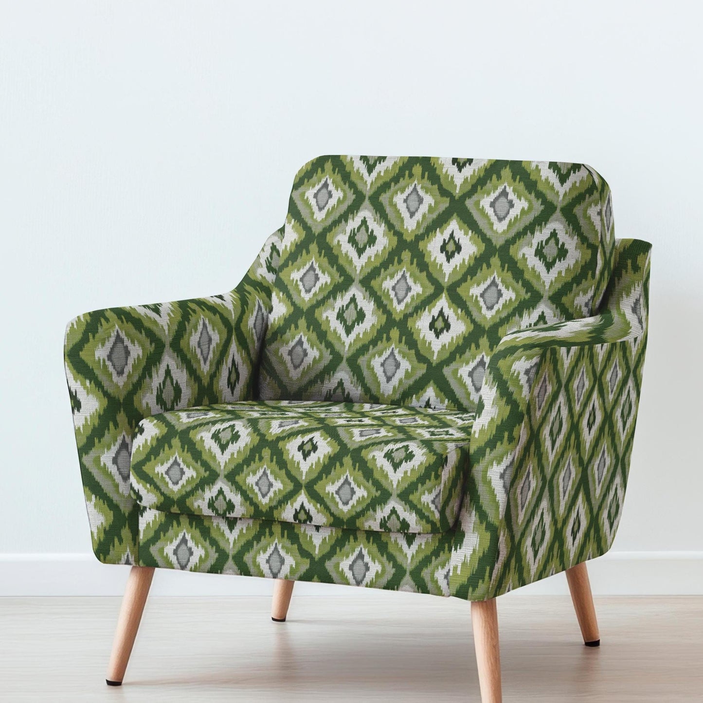 100% LINEN Fabric UPHOLSTERY 12oz - Green checks ikat print on linen 2968