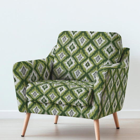 100% LINEN Fabric UPHOLSTERY 12oz - Green checks ikat print on linen 2968