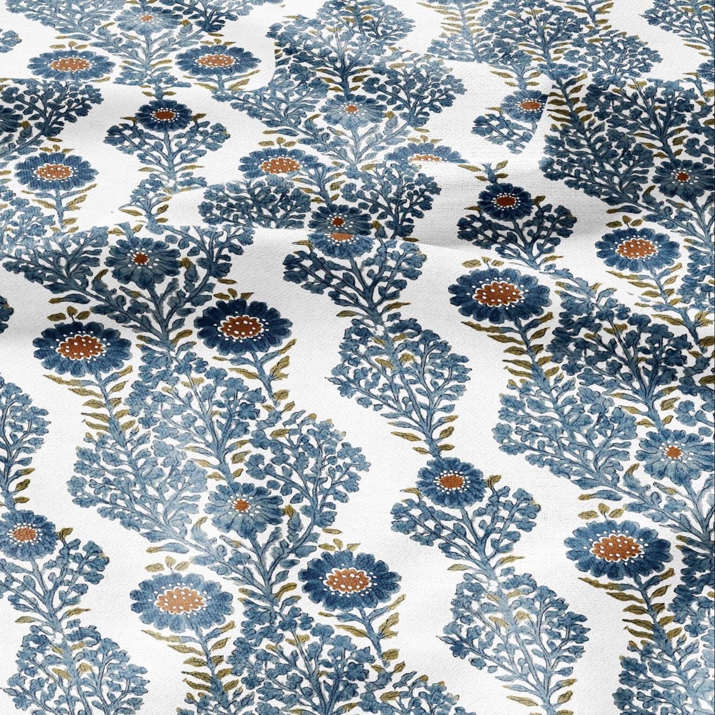 100% LINEN Fabric floral print - blue white stripe block print linen heavy for upholstery home decor - medium for dress making 2932