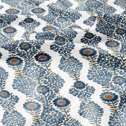 100% LINEN Fabric floral print - blue white stripe block print linen heavy for upholstery home decor - medium for dress making 2932