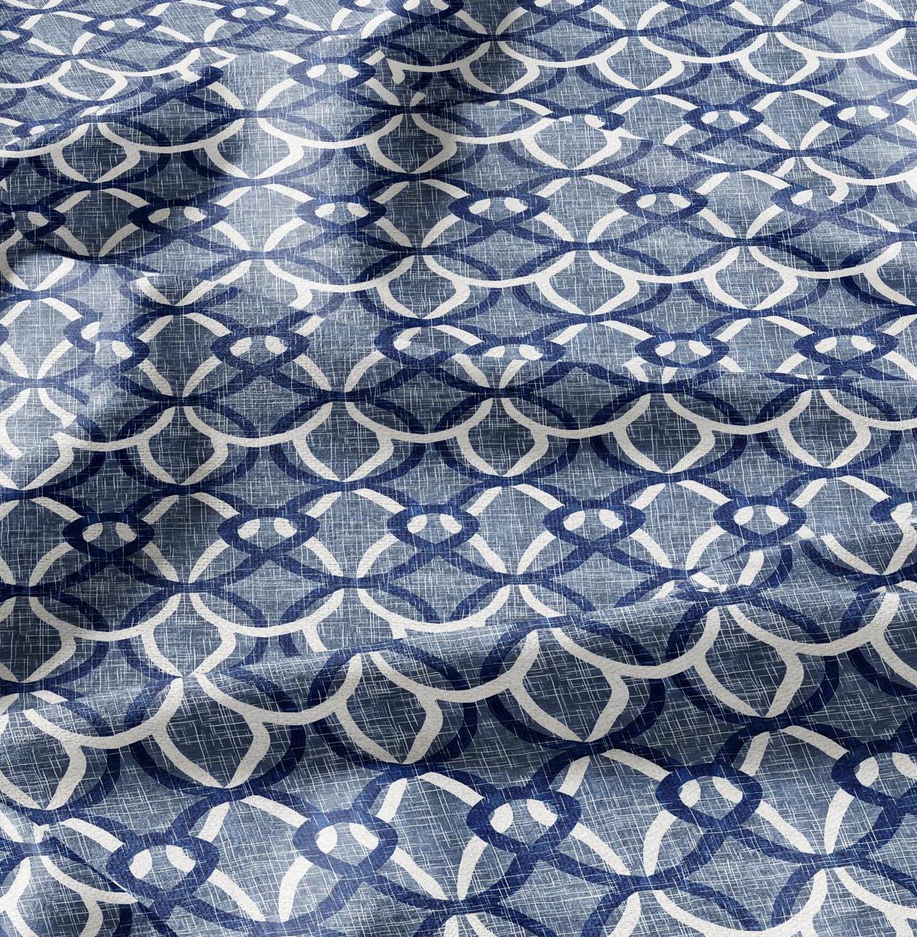 100% LINEN Fabric  Abstract indigo blue Ropes - Oriental blue print on linen fabric for upholstery curtains dress making Knot