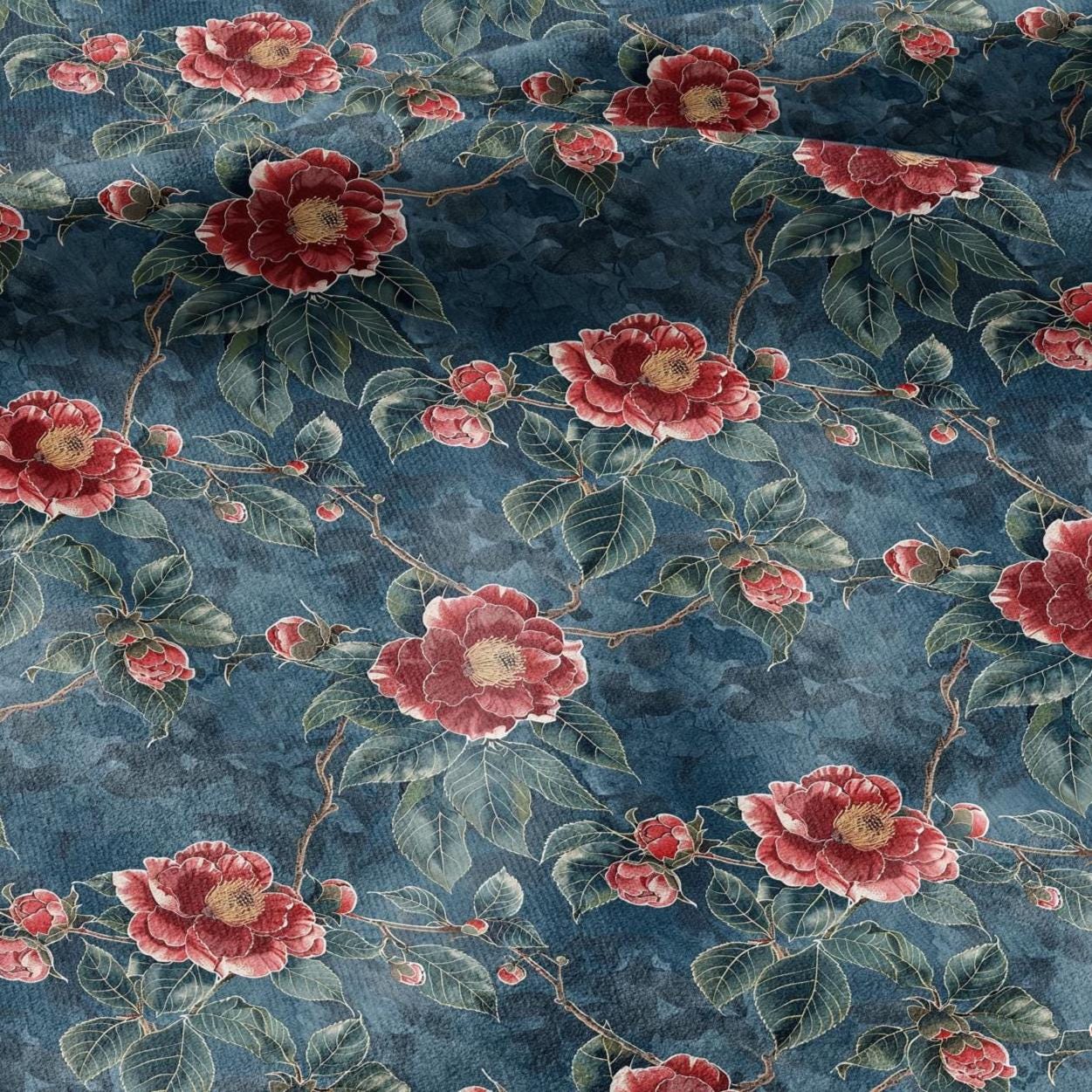 100% LINEN Fabric oriental print - chinoiserie roses blossom print - upholstery home decor clothing sewing 2132
