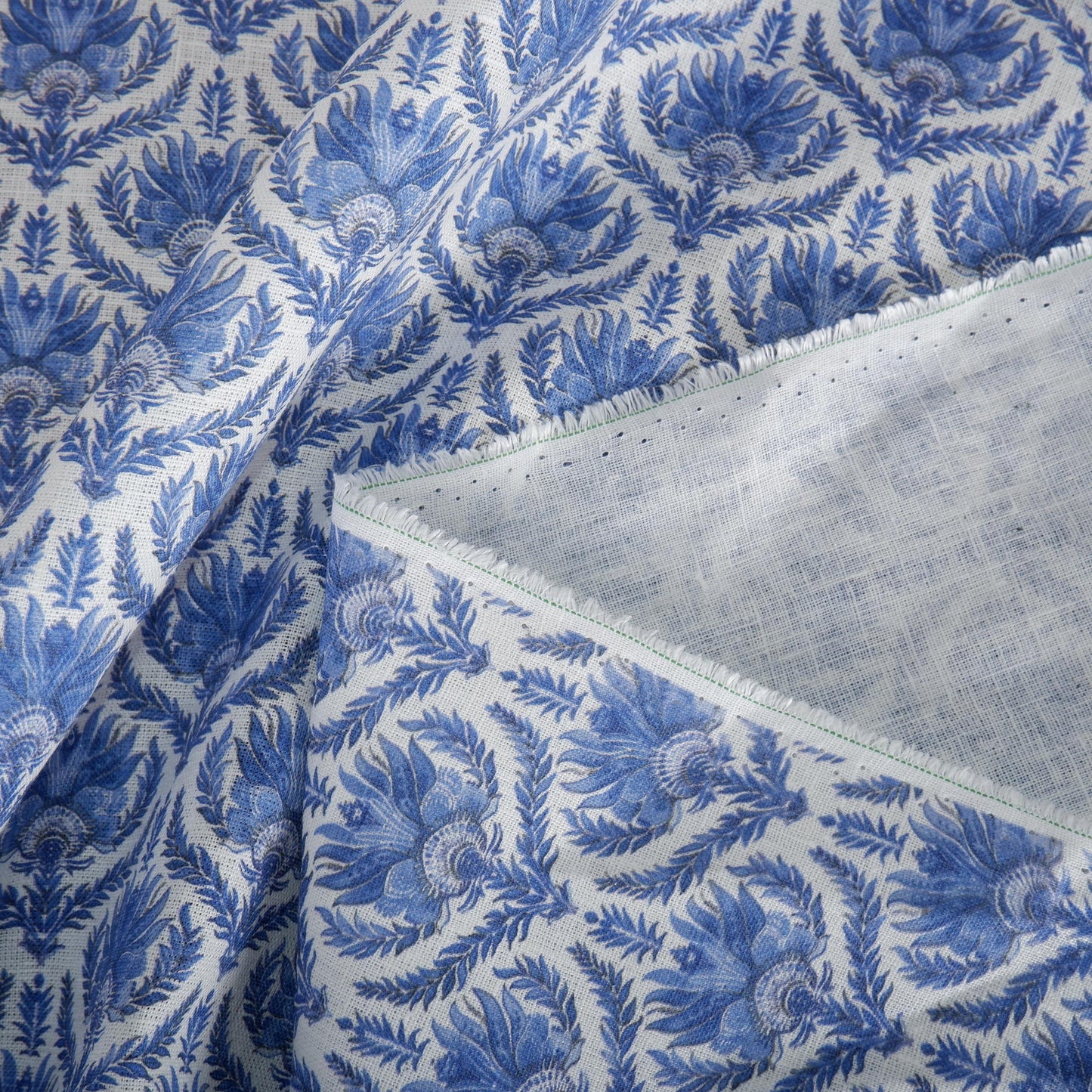 100% LINEN Fabric French blue block print on white linen - toile de jouy fabric - floral upholstery heavy or dressmaking medium weight 2510