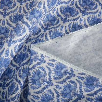 100% LINEN Fabric French blue block print on white linen - toile de jouy fabric - floral upholstery heavy or dressmaking medium weight 2510