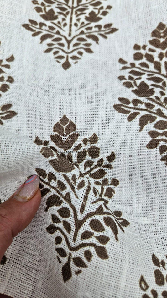 100% LINEN Fabric block print bron on white linen,  botanical fabric with brown indian block print on linen for home decor upholstery