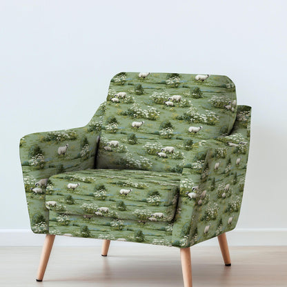 100% LINEN Fabric UPHOLSTERY 12oz - Irish sheep in green fields print on linen - Modern vintage floral animal pattern 2003