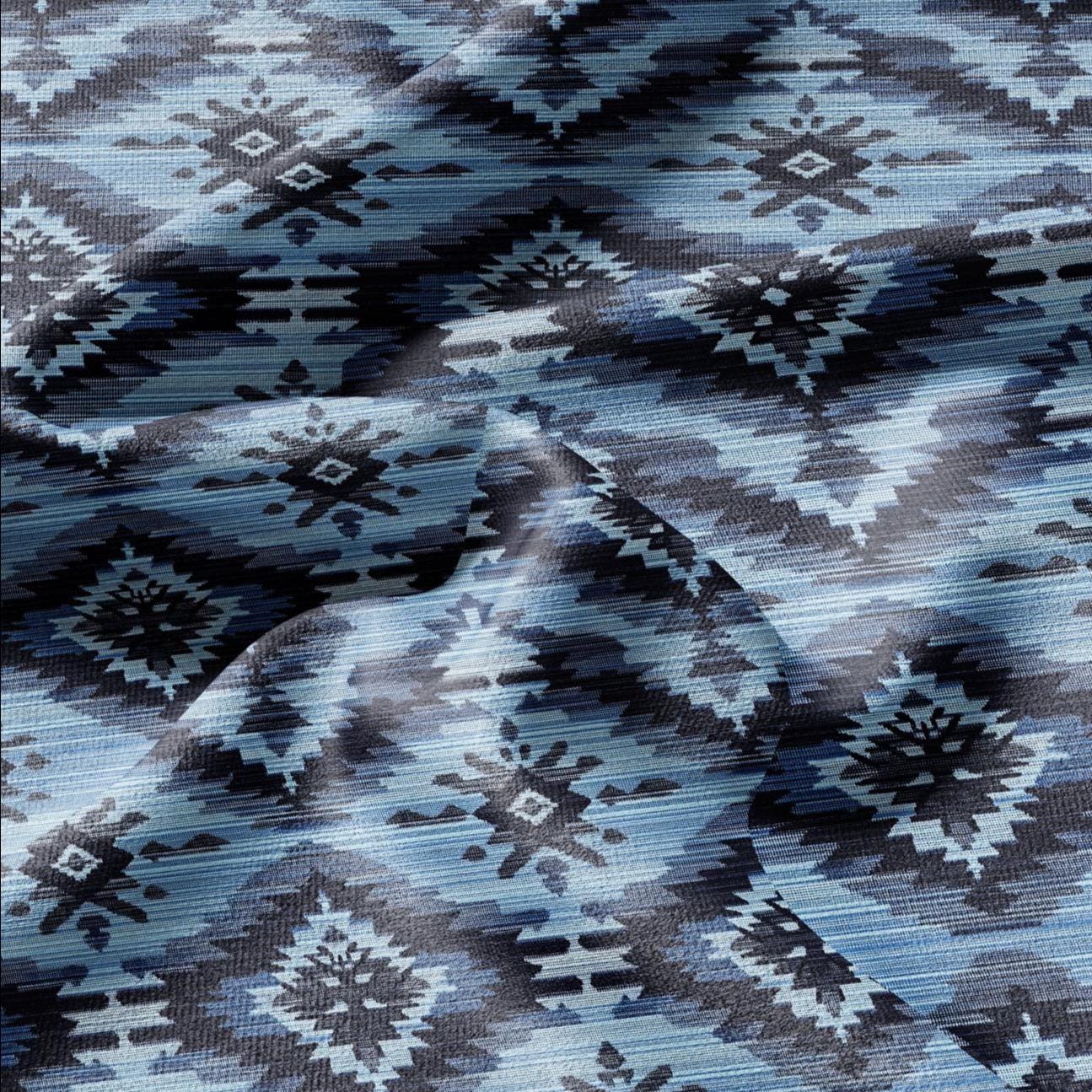 100% LINEN Fabric Ikat blue print - Modern vintage floral for upholstery dressmaking curtains home textile 2367
