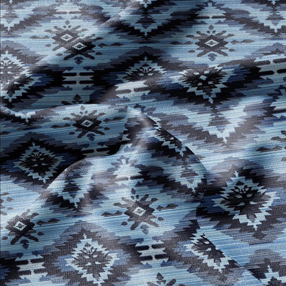 100% LINEN Fabric Ikat blue print - Modern vintage floral for upholstery dressmaking curtains home textile 2367