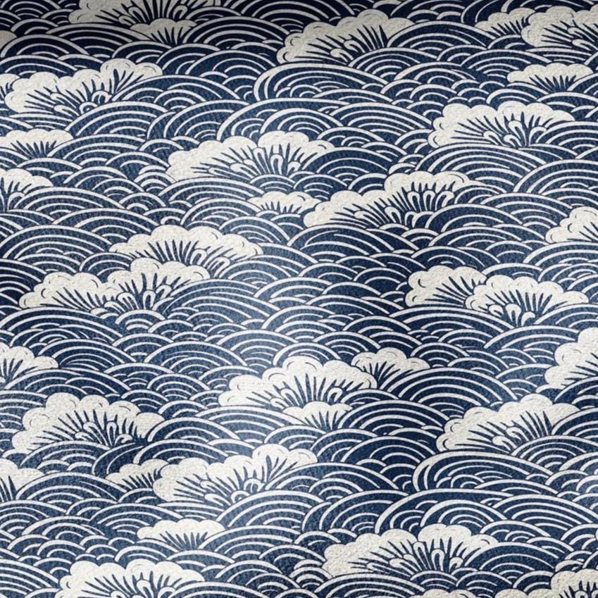 100% LINEN Fabric block print indigo on white - Japanese sea -  heavy linen fabric for upholstery home decor or medium for dress making 2150