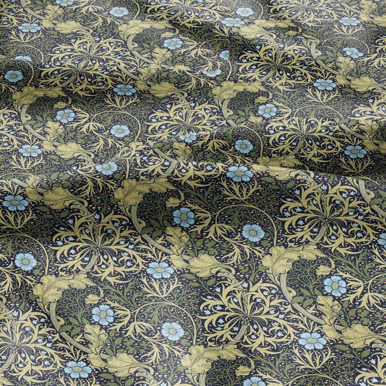 100% linen fabric William Morris Seeweed print - Victorian Art crafts linen Fabric - Historical pattern fabric upholstery dress making
