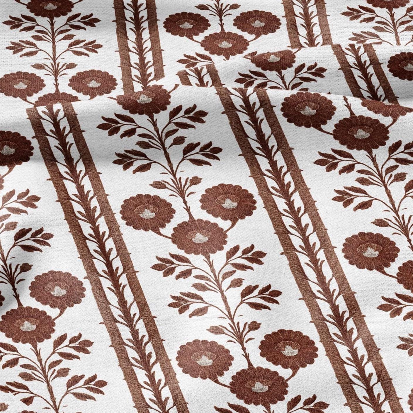 100% LINEN Fabric block print ChairoHana - Japanese brown stripe floral linen heavy for upholstery home decor - medium for dress making 2798