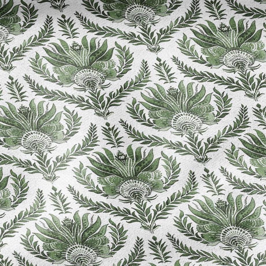 100% LINEN Fabric green French floral print - flowers block print - for upholstery home decor - medium for dress making 305G