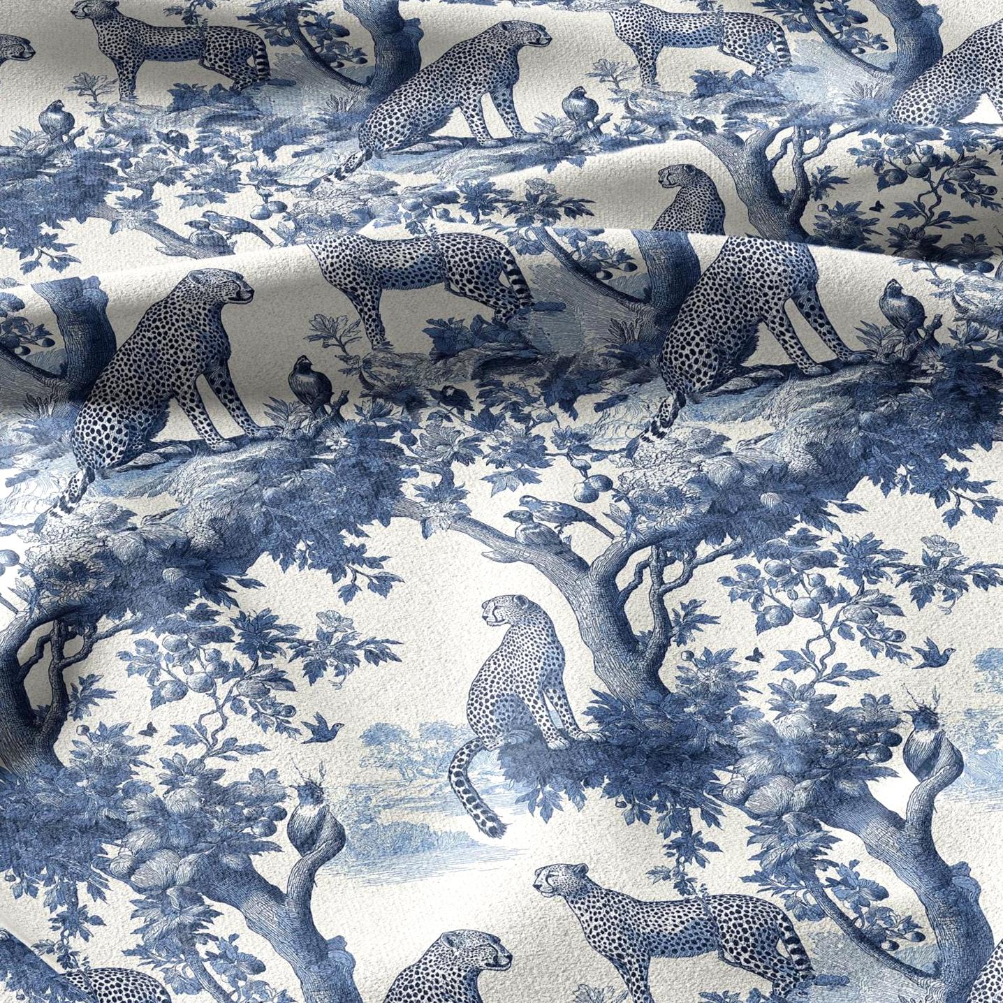 100% linen fabric Leopard print - Vintage toile de jouy blue botanical  - Historical pattern upholstery dress making 3343