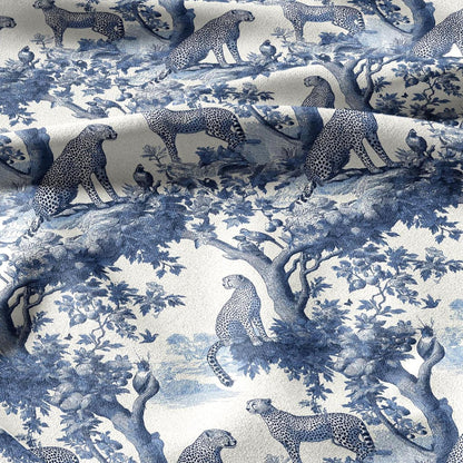 100% linen fabric Leopard print - Vintage toile de jouy blue botanical  - Historical pattern upholstery dress making 3343