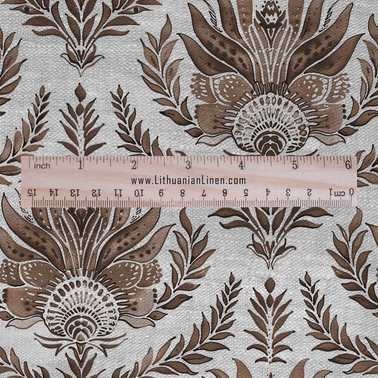 100% LINEN Fabric french sepia block print on oatmeal natur linen, floral toile de jouy fabric, French linen floral upholstery 305S