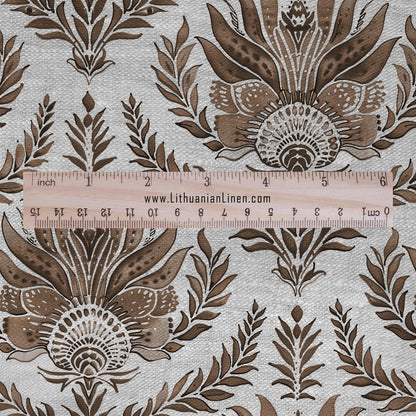 100% LINEN Fabric french sepia block print on oatmeal natur linen, floral toile de jouy fabric, French linen floral upholstery 305S