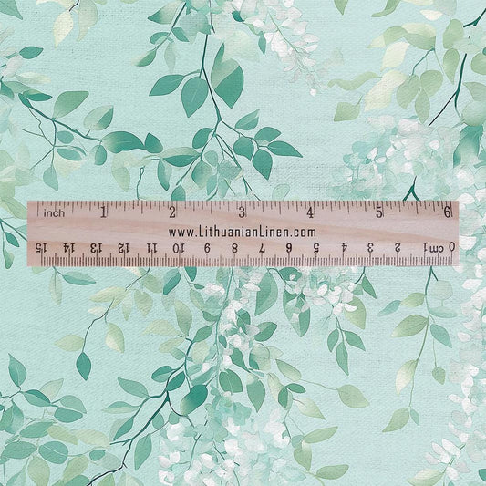 100% LINEN Fabric with Abstract greenery pattern - Mint pale green linen fabric for upholstery home decor dressmaking clothing sewing 2197