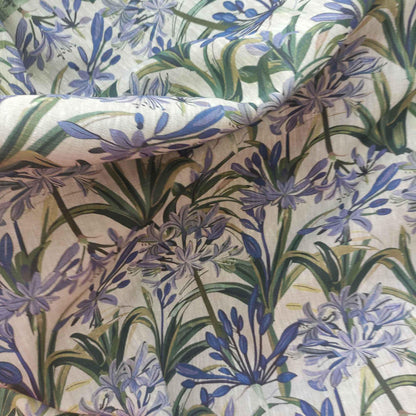 100% LINEN Fabric french blue green purple print on oatmeal natur linen, floral botanical linen fabric for upholstery 324