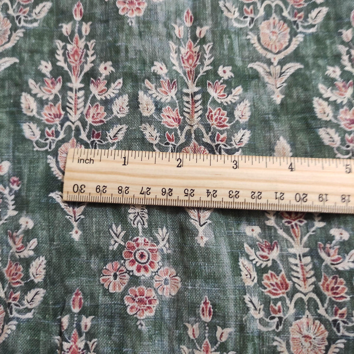 100% LINEN Fabric block print indian 3657-  oatmeal linen fabric with green floral print decor