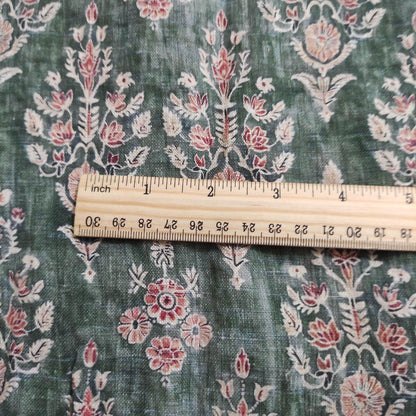 100% LINEN Fabric block print indian 3657-  oatmeal linen fabric with green floral print decor