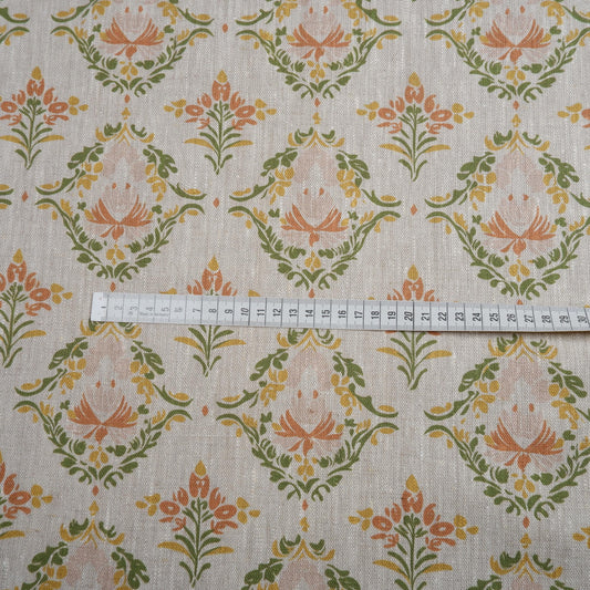 100% LINEN Fabric block print pastel green pink grey | oatmeal linen fabric with floral print | linen fabric for upholstery home decor