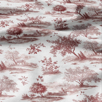 100% LINEN Fabric Countryside landscape - toile de jouy red white print linen heavy for upholstery home decor - medium for dress making 2838