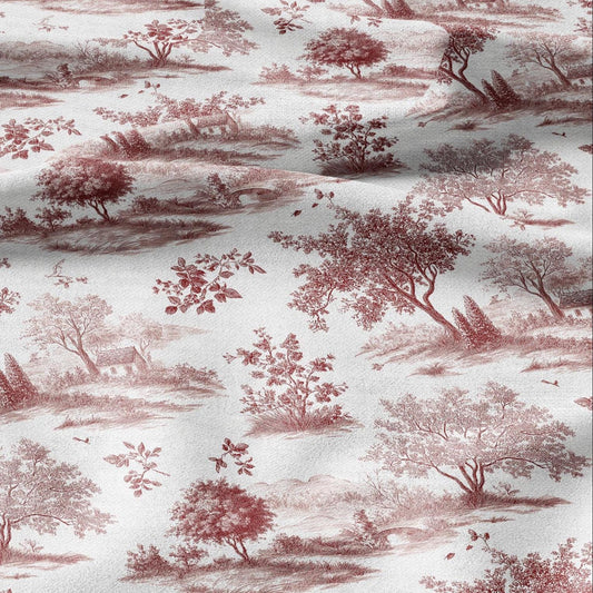 100% LINEN Fabric Countryside landscape - toile de jouy red white print linen heavy for upholstery home decor - medium for dress making 2838
