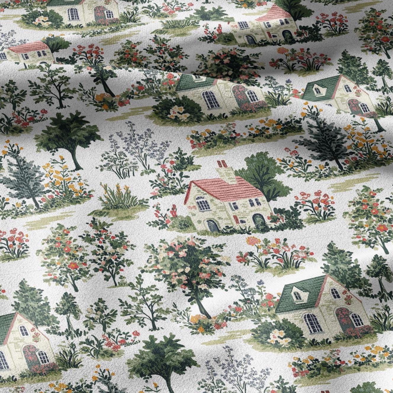 100% LINEN Fabric Houses print linen - VIllage print fabric for upholstery home decor dress making 2369
