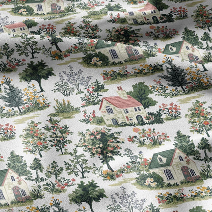 100% LINEN Fabric Houses print linen - VIllage print fabric for upholstery home decor dress making 2369