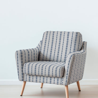 100% LINEN Fabric UPHOLSTERY 12oz - blue stripe block print - oatmeal linen fabric with floral print  - Modern Vintage upholstery 2699