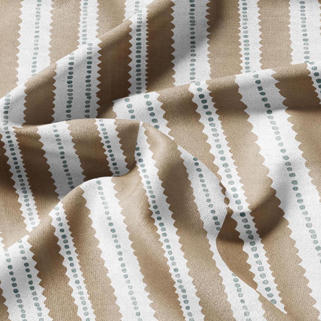 100% LINEN Fabric Scalloped stripe print - retro sepia brown dot stripe - for upholstery home decor - medium for dress making 2884GR