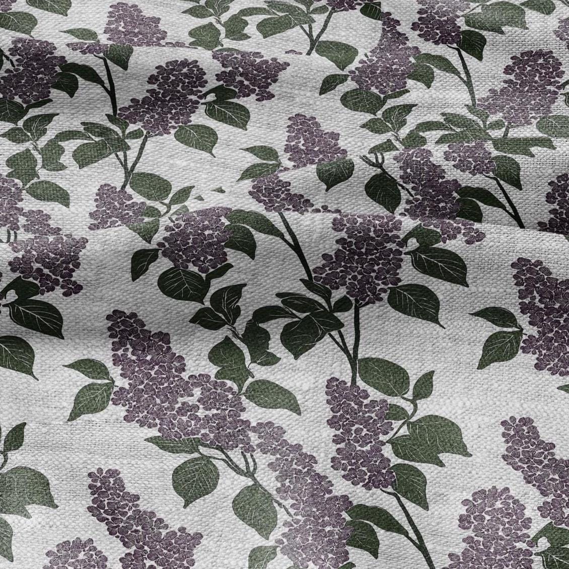 100% LINEN Fabric print lilac flower print - oatmeal linen fabric floral botanical - heavy for home decor clothing 2355