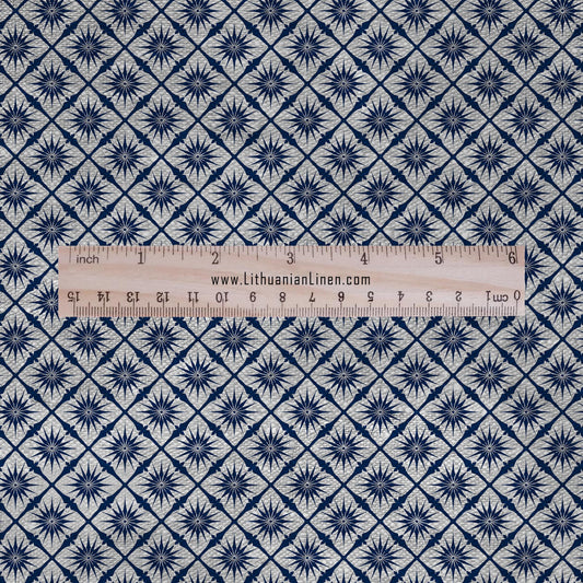 100% LINEN Fabric star geometric print - Grandmillennial indigo blue - Modern vintage block print upholstery curtains dress making 2673