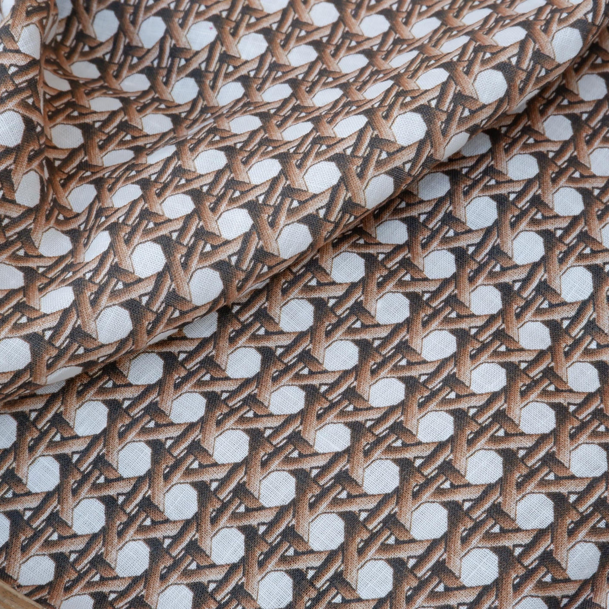 100% LINEN Fabric brown bamboo trellis - botanical textile artisan fabrics blue white 3686