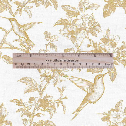100% LINEN Fabric beige hummingbird print on white linen - floral botanical French Provence style - linen upholstery sewing dress 2040