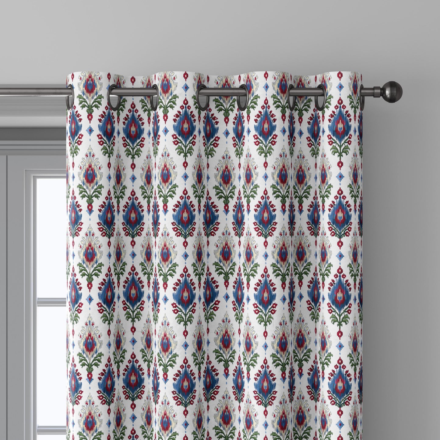 100% linen fabric Ikat red blue green white print - Vintage flower abstract  botanical - modern vintage 3407