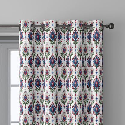 100% linen fabric Ikat red blue green white print - Vintage flower abstract  botanical - modern vintage 3407