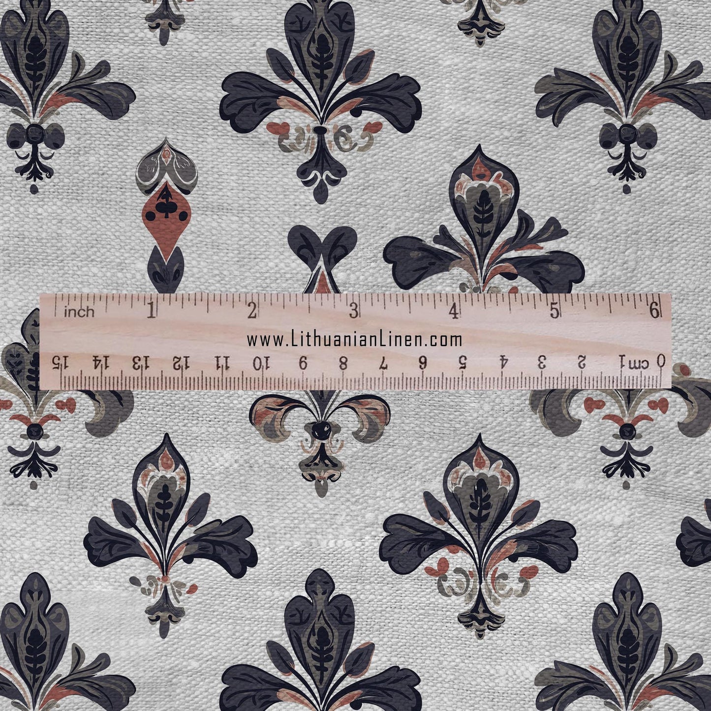 100% LINEN Fabric Fleur de lis print - floral black red gray - for upholstery home decor - medium for dress making 2279