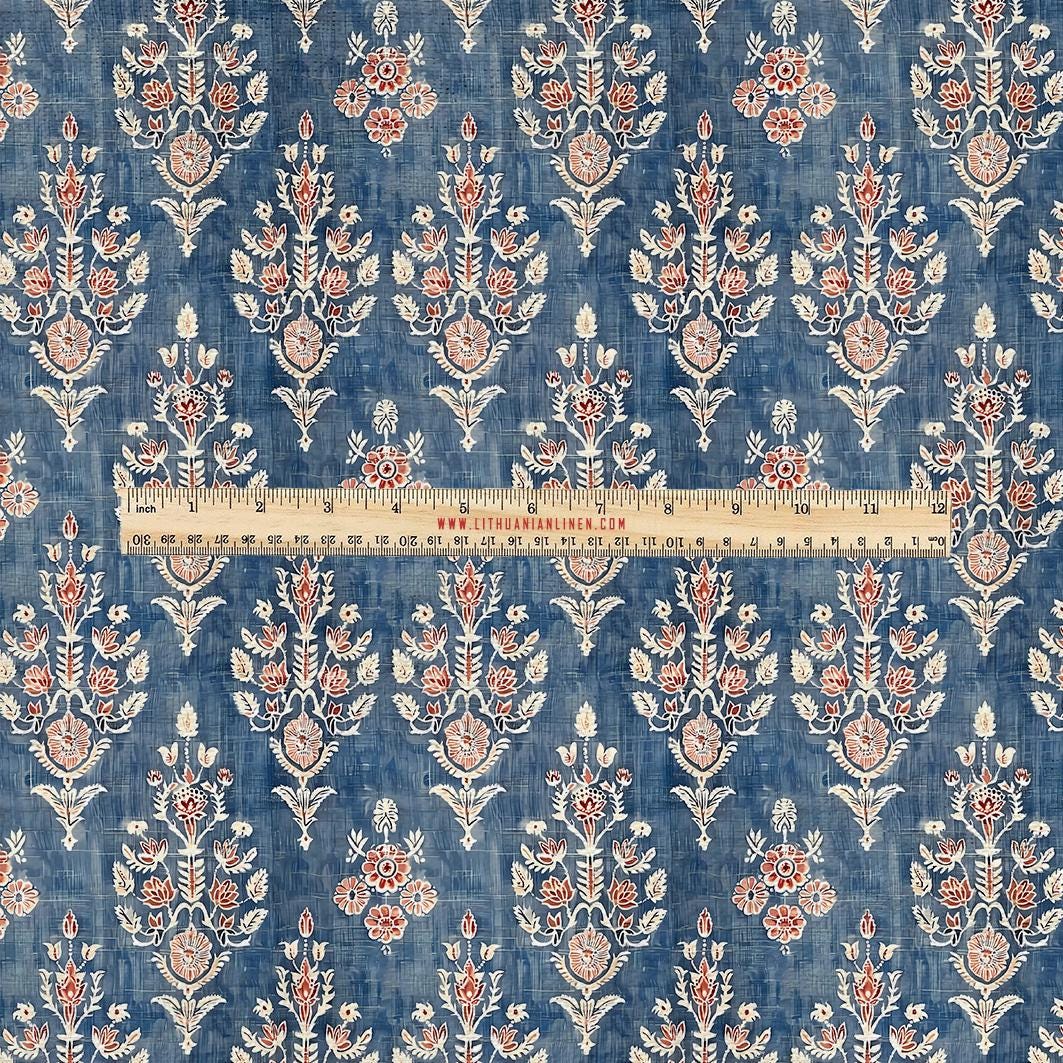 100% LINEN Fabric UPHOLSTERY 12oz - Block print blue beige red print on linen - Modern vintage pattern 322